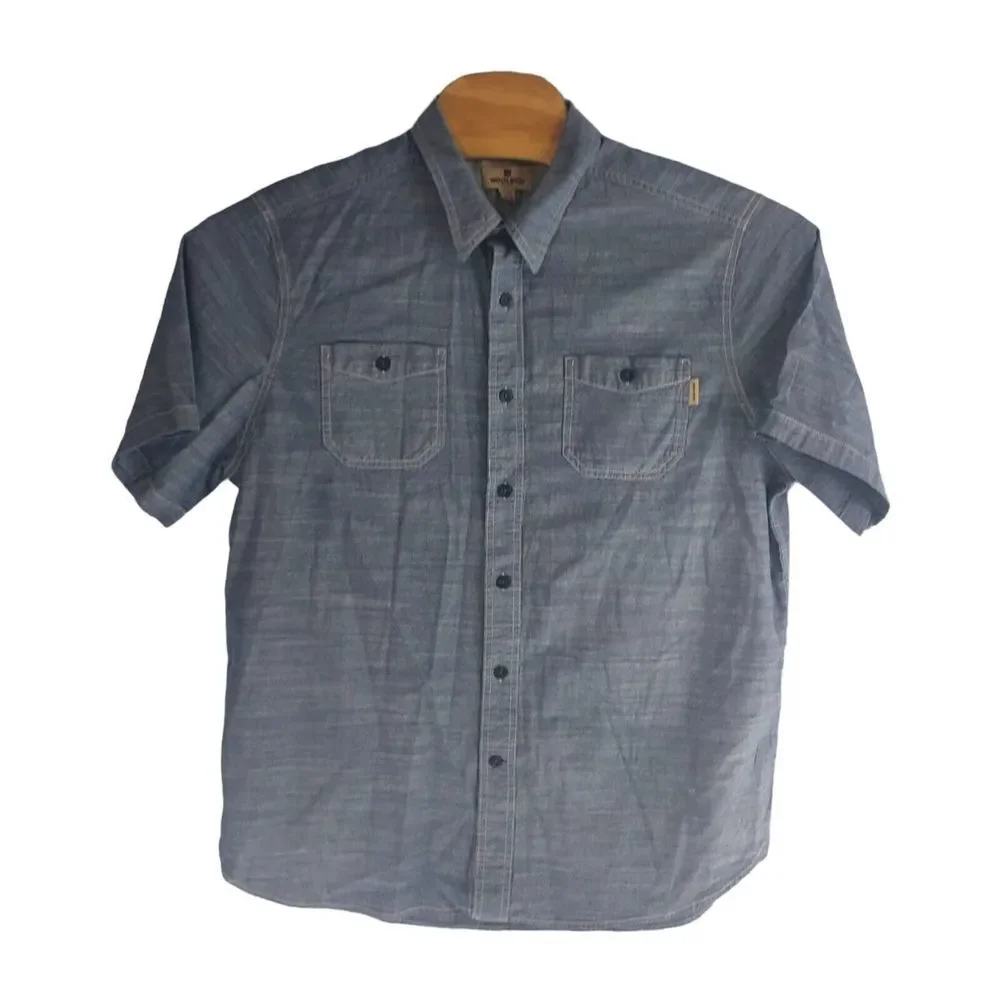 Woolrich Mens XL Blue Short Sleeve‎ Button Down Cotton Chambray Style Shirt